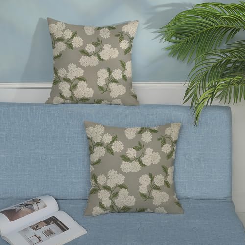 Grey Spring Pillow Covers 16x16 Inch 2 Pcs Gray Green Hydrangea Flower Decor Throw Pillows Vintage Floral Seasonal Summer Outdoor Decoration Pillowcase Linen Cushion Cover for Couch Sofa - color: Grey Hydrangea, size: 16" x 16" (Pack of 2)