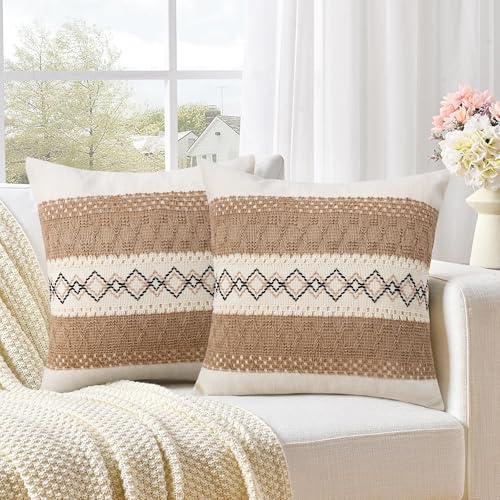 Pyonic Pack of 2 Boho Throw Pillow Covers 18x18 Inch Farmhouse Decorative Throw Pillows for Bed Sofa Living Room,Beige Modern Cushion Cover Couch Pillows Cover Home Decor - color: Beige