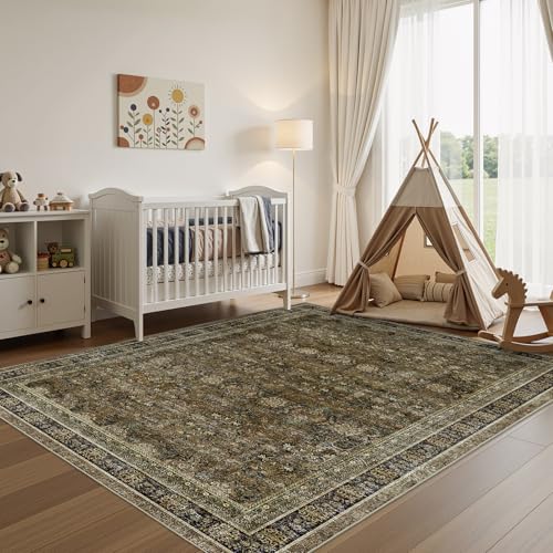 WITSHOCK 7x10 Area Rugs for Living Room - Washable Vintage Rug Retro Antique Dark Large Non Slip Low Pile Soft Boho Indoor Floor Carpet for Bedroom Dining Room Home Decor, Brown Olive Green - color: Brown/Olive Green/Purple, size: 7' x 10' (Rectangular)
