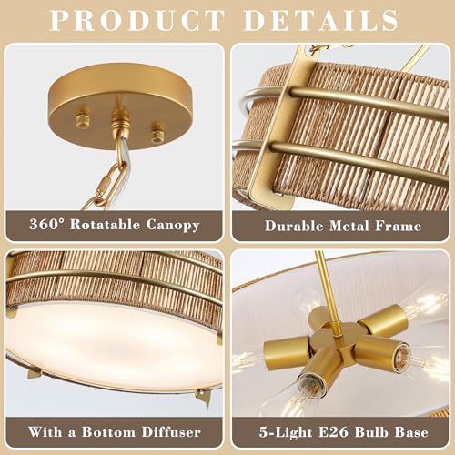 24.8" Boho Rattan Chandelier, 5-Light Large Hand-Woven Rattan Chandeliers with Wicker Shade, Rustic Gold Pendant Light for Dining Room, Living Room, Bedroom, Kitchen, Foyer - size: 24.8 inch