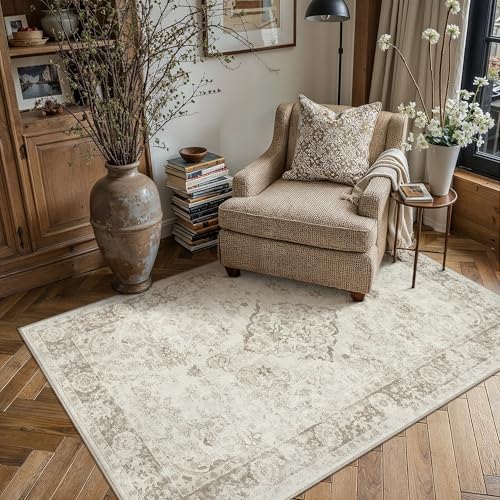 PureCozy Beige 3x5 Washable Area Rug for Living Room Neutral Vintage Floral Medallion Soft Small Door Mat Low Pile Non Slip Distressed Indoor Office Carpet for Bedroom Dining Room Nursery - color: Beige/Cream, size: 3' x 5' (Rectangular)