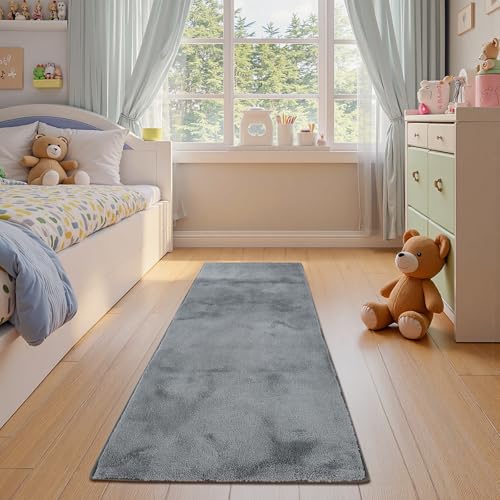 jinchan Solid Plush Runner Rug 2x6 Performance Shaggy Washable Hallway Rug Soft Modern Faux Wool Cozy Non Slip Carpet for Bedroom Laundry Room Living Room Kids Nursery Grey - color: Solid Grey, size: 2' x 6' (Runner)