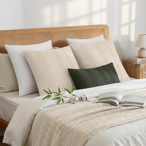 a moment 2 Pack Bamboo Fiber Pillow Covers - Waffle Weave, Ultra Soft & Breathable, Euro Shams Cotton Throw Pillow for Couch, Sofa, Bedroom Living Room 24x24 Inch Beige - color: Beige, size: 24" x 24" (Pack of 2)