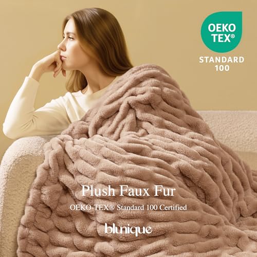 Faux Rabbit Fur Throw Blanket, Soft Plush Cozy Blanket for Couch Bed, Thick Fluffy Ruched Decorative Blanket,Giftable,60"x80",Light Brown - color: Light Brown, size: Twin(60"x80")