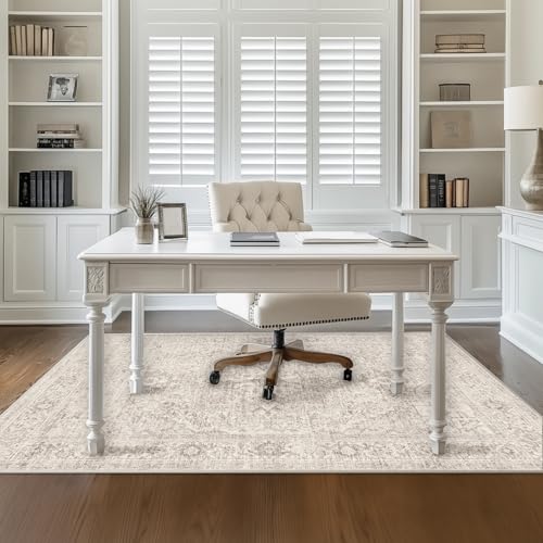 FMFUNCTEX 4x6 Washable Area Rug Neutral Vintage Beige Distressed Non Slip Low Pile Traditional Indoor Carpet for Living Room Bedroom Soft Retro Mat Throw Rug for Dining Office Kitchen Dorm Entryway - color: Beige, size: 4' x 6' (Rectangular)