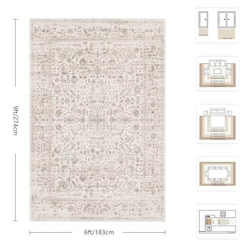 6x9 Area Rugs, Washable Vintage Retro Floral Rug for Living Room, Low Pile Non Slip Distressed Large Carpet for Bedroom, Dining Room, Office, Home (Light Brown) - color: E-light Brown, size: 6' x 9' (Rectangular)