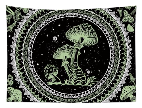 SCECALA Green Mushroom Tapestry Boho Mandala Pattern with Green Mushroom Wall Tapestry Black and White Star Wall Hanging for Bedroom Living Room Teen Dorm Party Home Decor 80x60 Inch - color: Green, size: 60"L x 80"W