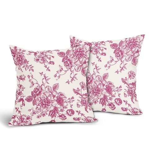 Hot Pink and Cream Floral Pillow Covers 18x18 Inch Set of 2 Vintage Floral Throw Pillow Covers Chinoiserie Flower Pillowcases Rustic Farmhouse Cotton Linen Cushion Covers for Couch Bed Sofa Decor - color: Hot Pink, size: 18" x 18" (Pack of 2)