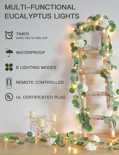 suddus Vines with Lights Plug in, 33ft 100 LED Eucalyptus Garland String Light Connectable with Remote, Leaf Lights for Bedroom, Room, Wall, Garden, Party, Wedding Dorm Decor (Warm White) - color: Eucalyptus, size: 100 LED-Plug-Clear Wire