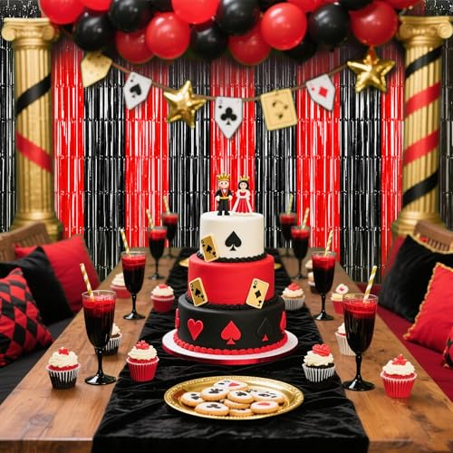 TONIFUL 2Pcs Black and Red Fringe Backdrop Curtain 2026 Graduation Party Metallic Tinsel Foil Fringe Photo Booth Backdrop Door Streamers for Birthday Bachelorette Halloween New Year Party Decorations - color: Black Red