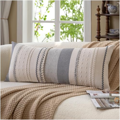 Cethom Boho Lumbar Pillow Covers 14x36 Inch Long, Grey Textured Decorative Couch Pillow Cases for Farmhouse Home Decor, Accent Cushion Cover for Sofa, Bed, Living Room, Bedroom, Pack of 1 - color: Grey, size: 36" x 14" (Pack of 1)