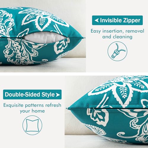Decorative Outdoor Floral Pillow Covers Set of 2,Waterproof Boho Farmhouse Throw Pillows Summer Coastal Accent Pillowcases for Patio Furniture Garden Sofa 18x18 Inch, Teal Blue - color: Teal Blue