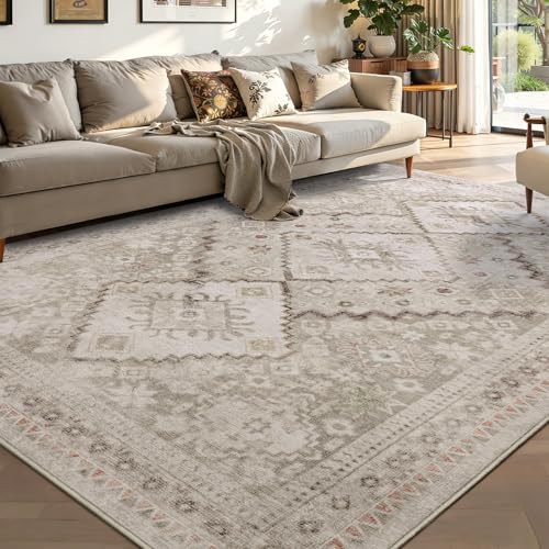 YOH Boho Washable Rug 4x6, Beige Grey Vintage Non Slip Area Rug, Distressed Indoor Carpet for Living Room Bedroom Kitchen Office - color: C-beige Grey, size: 4' x 6' (Rectangular)