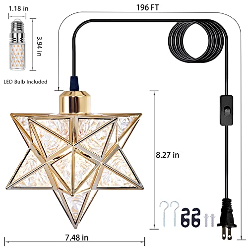AECBUY Vanity Star Hanging Lamp with Metal and Frosted PVC Lampshade, Gold Vintage Plug in Pendant Light, Modern Ceiling Light Fixture for Bedroom Nightstand, Bathroom, Barn(ddct210929B05) - color: Gold-Matt