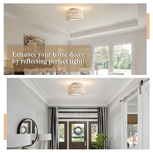 Rattan Light Fixtures Ceiling Mount, 3-Lights Boho Flush Mount Ceiling Light, Hand-Woven Cage Shade Lamp Lighting, Rustic Rattan Chandelier for Hallway Bedroom Kitchen Farmhouse Foyer Entryway (White) - color: White, size: Small