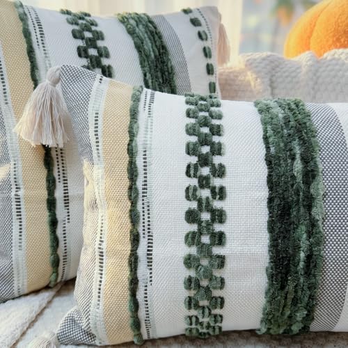PANOD Chenille Farmhouse Throw Pillow Covers 16 x 16 Dark Green, Neutral Boucle Couch Pillow Cover, Striped Decorative Boho Coushion Cover Pillow Case for Couch Bed Sofa Bedroom,Modern Accent,Set of 2 - color: Dark Green Tone, size: 16" x 16" (Pack of 2)