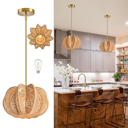 Rattan Pendant Light 12.6 in Hemp Rope Rattan Light Fixture Woven Pendant Wicker Chandelier Boho Chandelier for Hallyway - color: 12.5" Natural