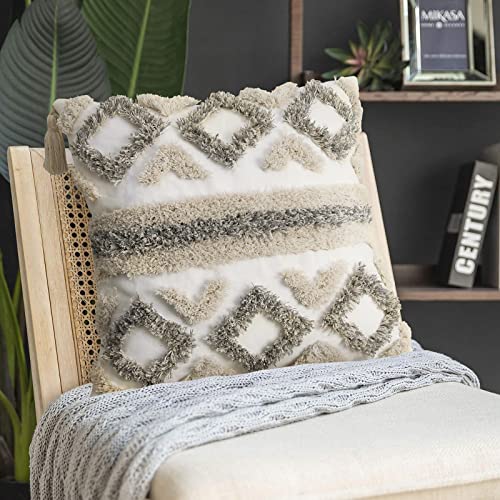 Merrycolor White Grey Boho Pillow Covers 20x20 with Tassels Tufted Decorative Gray Throw Pillows Neutral Modern Accent Pillowcase Farmhouse Square Cushion Covers for Couch Sofa Bedroom Living Room - color: Grey and White 2, size: 20" x 20" (Pack of 1)