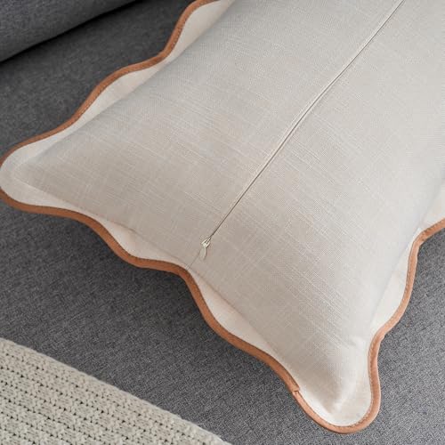 Scalloped Throw Pillow Covers 12x20 Inch Set of 2, Cotton & Linen, Boho Sytle Decorative Couch Bed for Living Room (Beige Pillow & Brown Edge) - color: Beige, size: 20" x 12" (Pack of 2)
