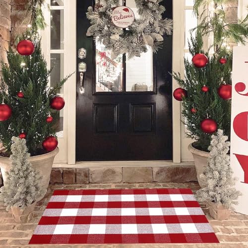 Christmas Red and White Plaid Rug, 28 x 43 Inches Cotton Hand-Woven Layered Door Mat for Front Porch, Entryway, Outdoor Holiday Decor, Washable Buffalo Check Rug for Home, Patio, Kitchen - color: Red & White Plaid, size: 2'4" x 3'7" (Rectangular)