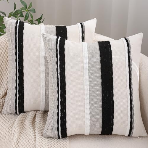 Black and White Pillow Covers 18 x 18 Set of 2 Boho Throw Pillow Covers Striped Patterned Decorative Pillow Cases Accent Chenille Pillowcases Farmhouse Cushion Case for Home Decor - color: Black Stripe1, size: 18" x 18" (Pack of 2)