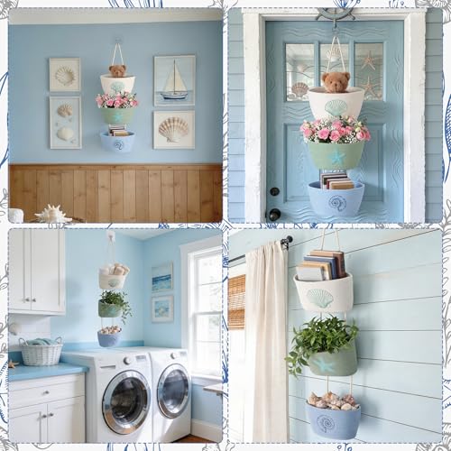 Hushee 3-Tier Over the Door Hanging Baskets Coastal Woven Cotton Wall Mounted Storage Baskets Decorative Starfish Seashell Scallop Cotton Rope Organizer for Kitchen Bathroom Living Room Decor