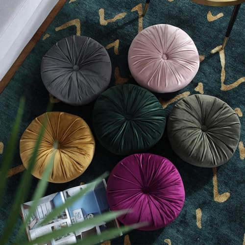Round Throw Pillow, 13.7” Solid Color Decorative Round Dutch Velvet Floor Pillows Pleated Round Throw Pillow Floor Cushion Pillows for Sofa Couch Chair Bed Living Room, Dark Green - color: Dark Green