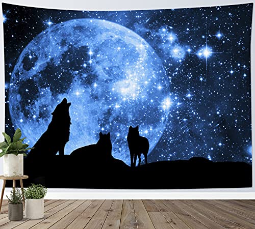 HVEST Wolf Tapestry Wall Hanging Full Moon in Blue Space Tapestries Wild Animal Wolves Wall Decor Blanket for Kids Bedroom Living Room Dorm Party (48X36) - color: Blue, size: 36"L x 48"W