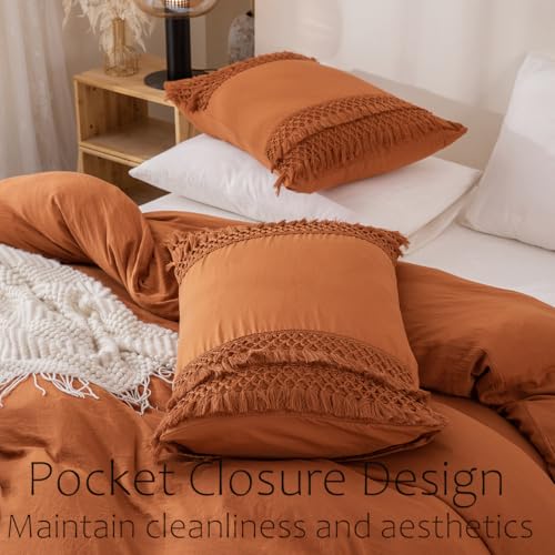 Burnt Orange Pillowcases, Macrame Tassel Pillow Cases Set of 2, 100% Washed Microfiber, Caramel Decor Tassel Boho Pillow Cover, 2 Pack (King, Rust Tassel) - color: Rust Tassel, size: King, 20" x 40" (Pack of 2)