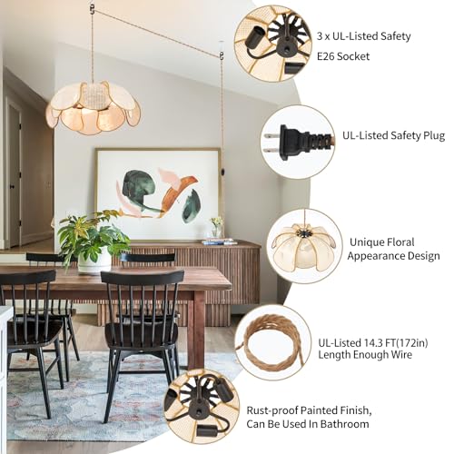 3-Light Hanging Lights with Plug in Cord, 14.3FT Stepless Brightness Flower Shaped Hanging Lamp with On/Off/Dimmable Switch, Boho Handwoven Chandelier Rattan Pendant Light for Bedroom Nursery (Cream）