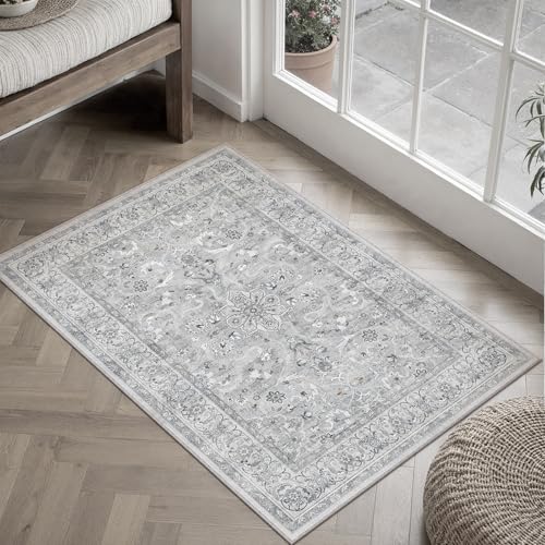 PureCozy Gray 2x3 Area Rug Entryway Washable Vintage Carpet Door Mat Small Indoor Non Slip Soft Low Pile Thin Stain Resistant Distressed Accent Throw Rug for Kitchen Bathroom Entrance Bedroom - color: Neutral Gray, size: 2' x 3' (Rectangular)