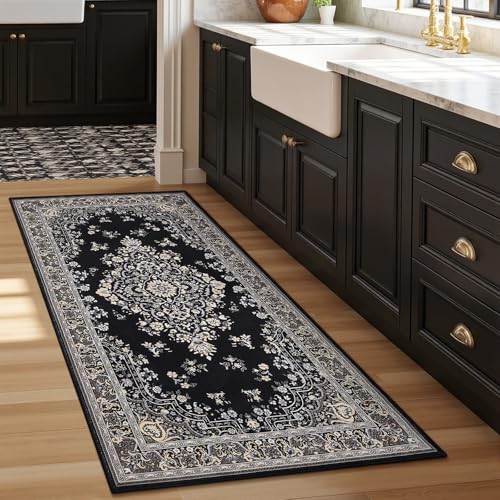 HOMORE Vintage Runner Rug-2x4 Hallway Runner Rug for Entryway Non Slip Washable Bedroom Rug Faux Wool Low Pile Floor Carpet Runner for Kitchen Indoor Front Entrance Laundry Living Room Dorm, Black - color: Black, size: 2' x 4' (Rectangular)