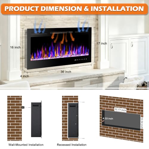 BETELNUT 36" Electric Fireplace Wall Mounted and Recessed with Remote Control, 750/1500W Ultra-Thin Wall Fireplace Heater W/Timer Adjustable Flame Color and Brightness, Log Set & Crystal Options - size: 36 Inch