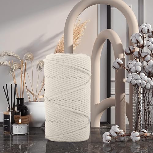 Macrame Cotton Cord 6mm x 109yds, ZUEXT Natural Handmade Beige White Braided Cords 4 Strands Knitted Rope String for Craft Wall Hanging Weaving Tapestry Dream Catchers Hanger DIY Gift (100m) - color: Beige White, style: 6mm x 100m