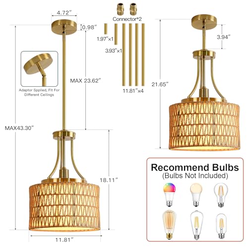 11.8" Modern Boho Rattan Gold Pendant Light Adjustable Rod Vintage Farmhouse Drum Fabric Pendant Light Fixture Woven Bamboo Wicker Pendant Lights for Kitchen Island, Dining Room, Bedroom - color: Gold-D 1-Light