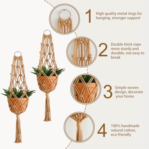 Artilady Hanging Planter for Indoor Plants Macrame Plant Hanger Large Hanging Plant Holder Brown Plants Basket White Rope Boho Original Wall Decor (Brown Plant Hanger-2pcs) - color: Brown Plant Hanger-2pcs