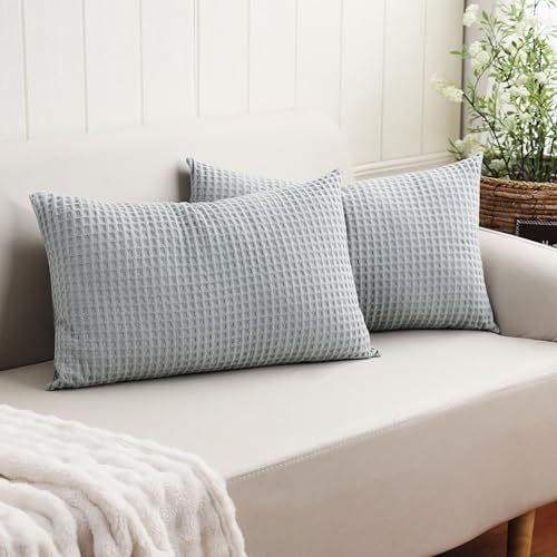100% Egyptian Cotton 600 TC Waffle Weave Lumbar Pillow Covers 2 Pack, Ultra Soft Breathable Rectangle Throw Pillow Covers, Decorative Cushion Covers for Bed Couch Sofa Car, No Insert, Gray, 12" x 20" - color: Grey, size: 20" x 12" (Pack of 2)