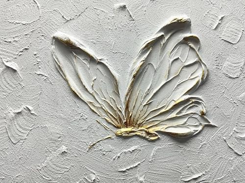 Boiee Art,24x36Inch Hand Painted Creamy Textured Wall Art Elegant Floral Wall Decor Art Minimalist Butterfly Artwork White and Gold Flower Oil Painting for Home Office - color: Creamy white&Gold, size: 24"L x 36"W