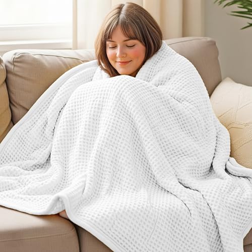 THREAD SPREAD 100% Cotton Waffle Twin Size Blanket for Bed - Soft Lightweight Breathable Waffle Weave Twin Blanket for All Season, Textured Throw Blankets for Bed, Sofa, Hotel, Hospital - White - color: Waffle - White, size: Twin / Twin XL