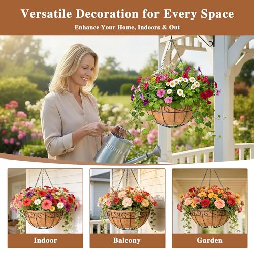 4 Pack Hanging Planter for Outdoor Plants 12 inch Metal Hanging Flower Basket with Coco Coir Liner Round Wire Plant Holder Chain Flower Pots Outdoor Garden Decoration Watering Hanging Baskets（HB） - size: 12" x 4 Pack, style: Flower Border