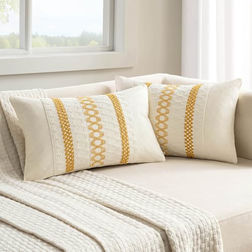 MIULEE Set of 2 Mustard Yellow Boho Decorative Lumbar Pillow Covers 12x20 Inch Farmhouse Rustic Couch Throw Pillows Modern Cotton Cushion Covers Retro Macrame Woven Spring Decor for Bed Sofa Chair - color: Mustard Yellow, size: 20" x 12" (Pack of 2)