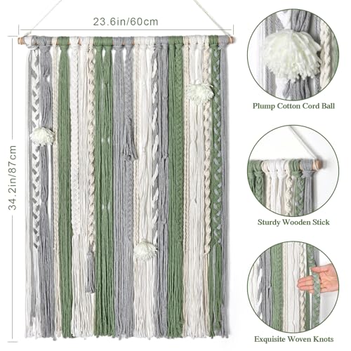 LOMOHOO Large Macrame Wall Hanging Boho Chic Home Decor, Green Gray Beige Yarn Tassel Woven Fringe Handmade Wall Art Decoration for Bedroom Living Room, Gift for Friend Girls Adults 23.6" Wx 34" L - color: Fringe Tassels