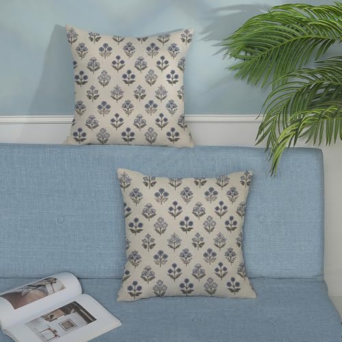 Blue Grey Pillow Covers 16x16 Inch 2 Pcs Gray Block Print Vintage Floral Decor Throw Pillows Boho Flower Spring Summer Outdoor Seasonal Decoration Pillowcase Linen Cushion Cover for Couch Sofa - color: Blue Grey Block Print Floral, size: 16" x 16" (Pack o