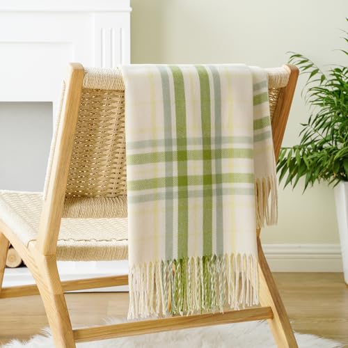 BATTILO HOME Spring Summer Plaid Throw Blanket for Couch Bed, Decorative White Green Stripe Blanket Throw Farmhouse Throw Blankets, Buffalo Checkered Plaid Blankets and Throws for Home Decor - color: White&green