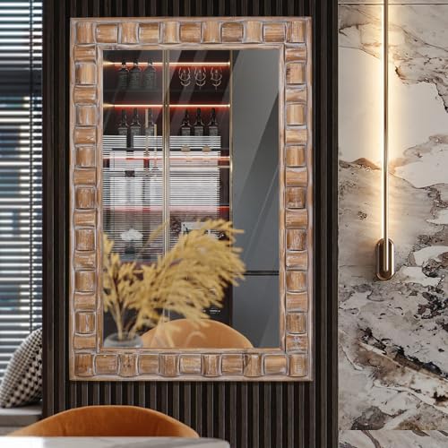 36x24 Inch Rustic Rectangle Wall Mirror - Solid Wood Frame Bathroom Vanity Mirror for Over Sink, Entryway, Living Room & Bedroom - color: C - Rectangle - 36x24 in