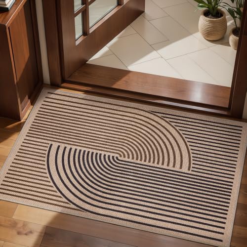 Tangsoo Rainbow Easy Jute Rug 2x4 Small Throw Rugs for Entryway,Washable Ultra Thin Outdoor Door Mat, Black Brown Non-Slip Indoor Floor Carpet for Entrance Kitchen Hallway Bedroom Front Porch - color: Black/Brown, size: 2x4ft