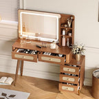 47" Rattan Vanity Table with Mirror and Lights, Brown Makeup Vanity with Storage & 5 Drawers, Boho Vanitys Desk with Shelves for Bedroom, 3 Lighting Modes, Adjustable Brightness (Walnut) - color: Walnut