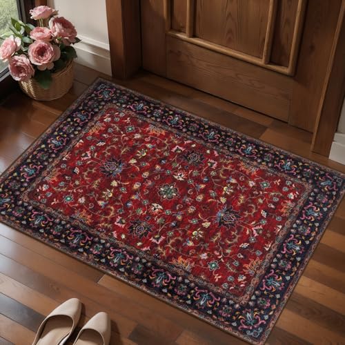 Tangsoo 2x3 Washable Rugs for Entryway, Vintage Floral Rug Red Small Area Rug Non-Slip Soft Low Pile, Small Carpet Door Mat, Front Door Indoor Throw Rugs for Entrance Kitchen Entry - color: Floral/Red, size: 2' X 3' (Rectangular)