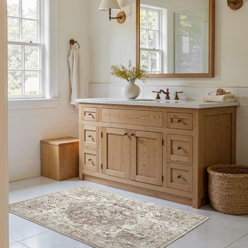 jinchan Area Rug 3x5 Washable Entryway Rug Vintage Kitchen Floor Cover Traditional Thin Taupe Multi Distressed Floral Doormat Indoor Mat for Bathroom Bedroom Living Room - color: Medallion Taupe Multi, size: 3' x 5' (Rectangular)