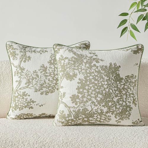 Mantle & Mason Floral 18x18 Throw Pillow Covers Set of 2, French Vintage Woven Jacquard Decorative Accent Pillow Cases for Couch, 430GSM Thick Chenille & Luxury Velvet, Sage Green - color: Tree Pattern Sage Green, size: 18" x 18" (Pack of 2)